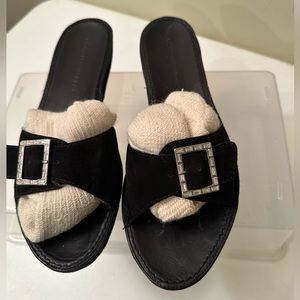 DONALD PLINER vintage black suede sandals with front decorative buckle